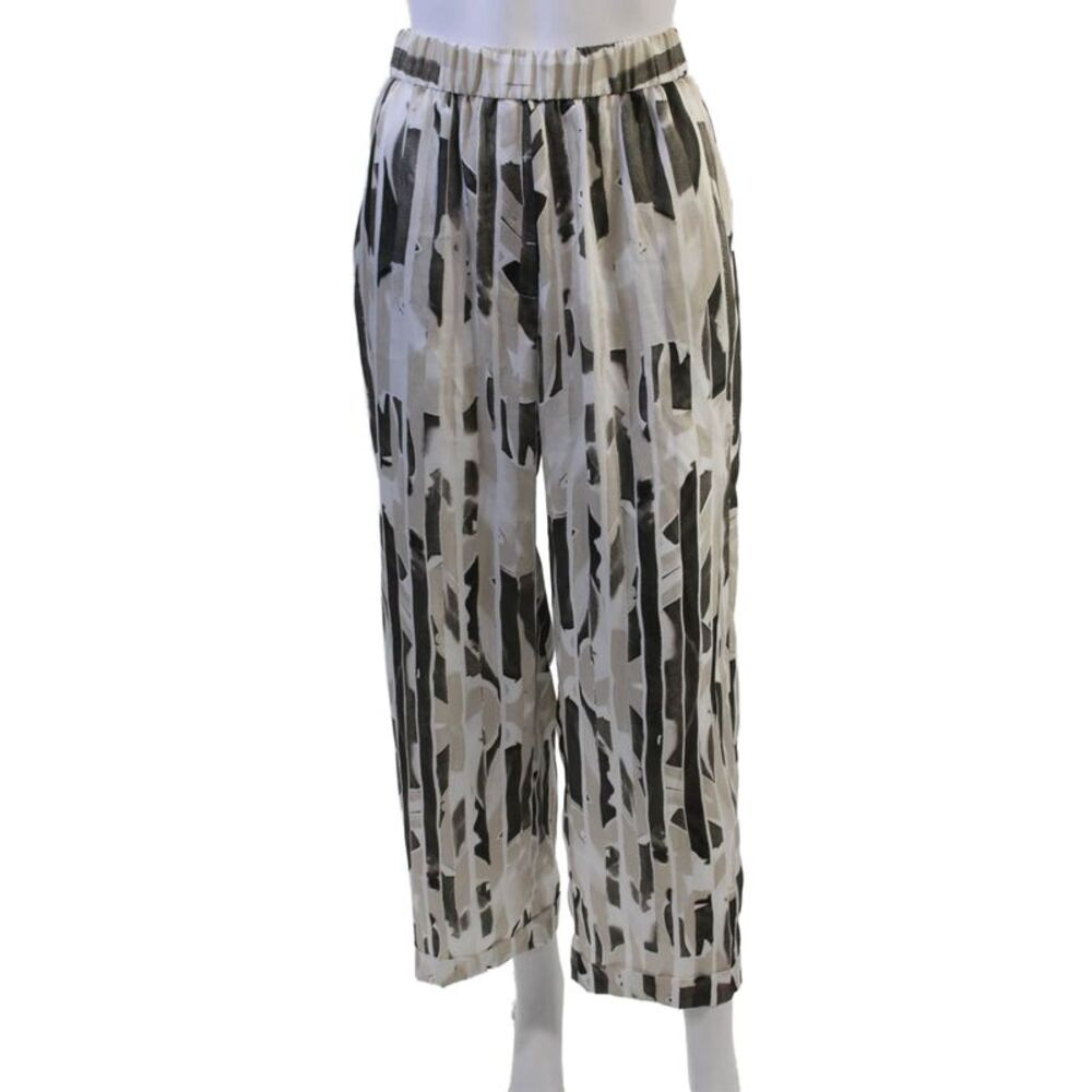 Peserico Womens Cropped Dress Pants Beige Geometric Polyester Size 42